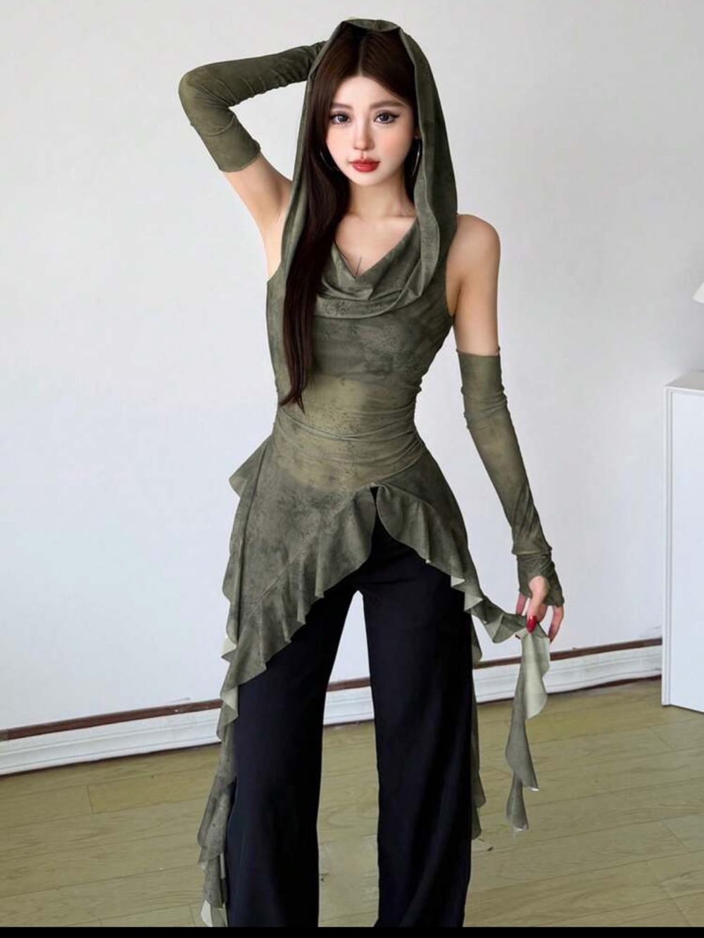 Olive Green Hooded Ruffled Fairy Tunic Dress New